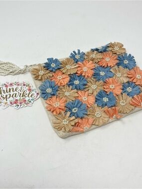 Shine & Sparkle Flower Embellished Zip Pouch Beaded Tassel